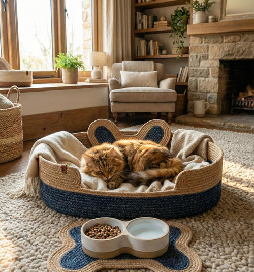 FluffyLoft™ Boho Woven Rope Pet Nest - Cozy High-Sided Cat & Small Dog Bed