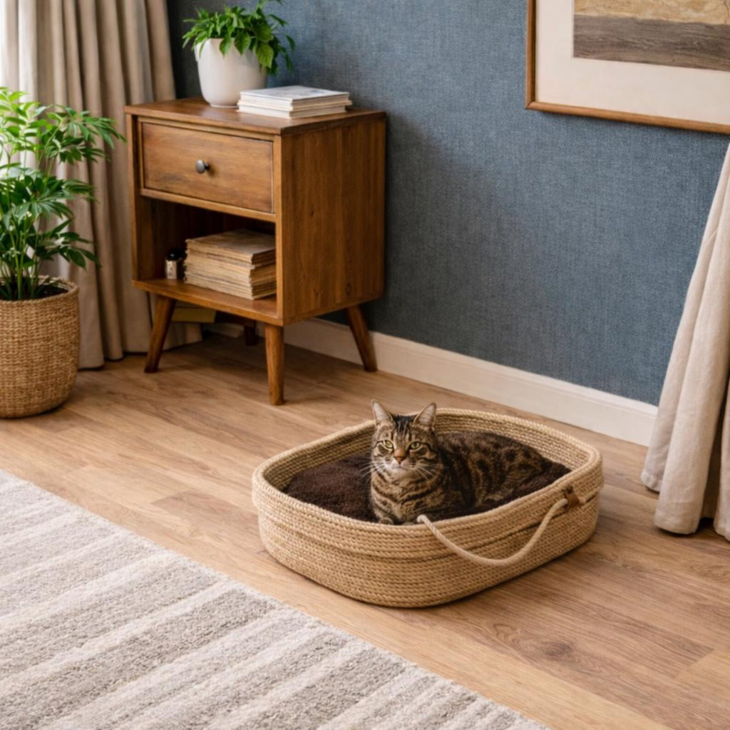 FluffyLoft™ Oval Jute Pet Bed - Handmade Natural Fiber Cat & Small Dog Basket with Play Ball