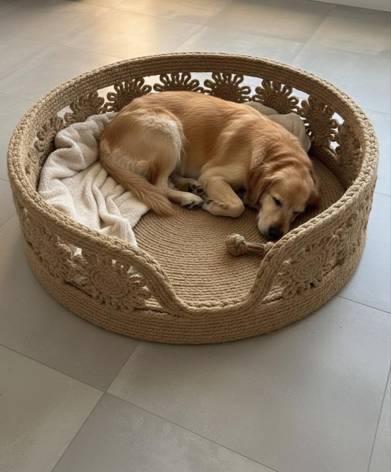 FluffyLoft™ Luxury Macrame Jute Pet Bed - Handmade Boho Flower Nest for Cats & Small Dogs