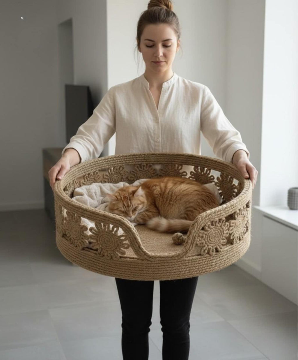 FluffyLoft™ Luxury Macrame Jute Pet Bed - Handmade Boho Flower Nest for Cats & Small Dogs