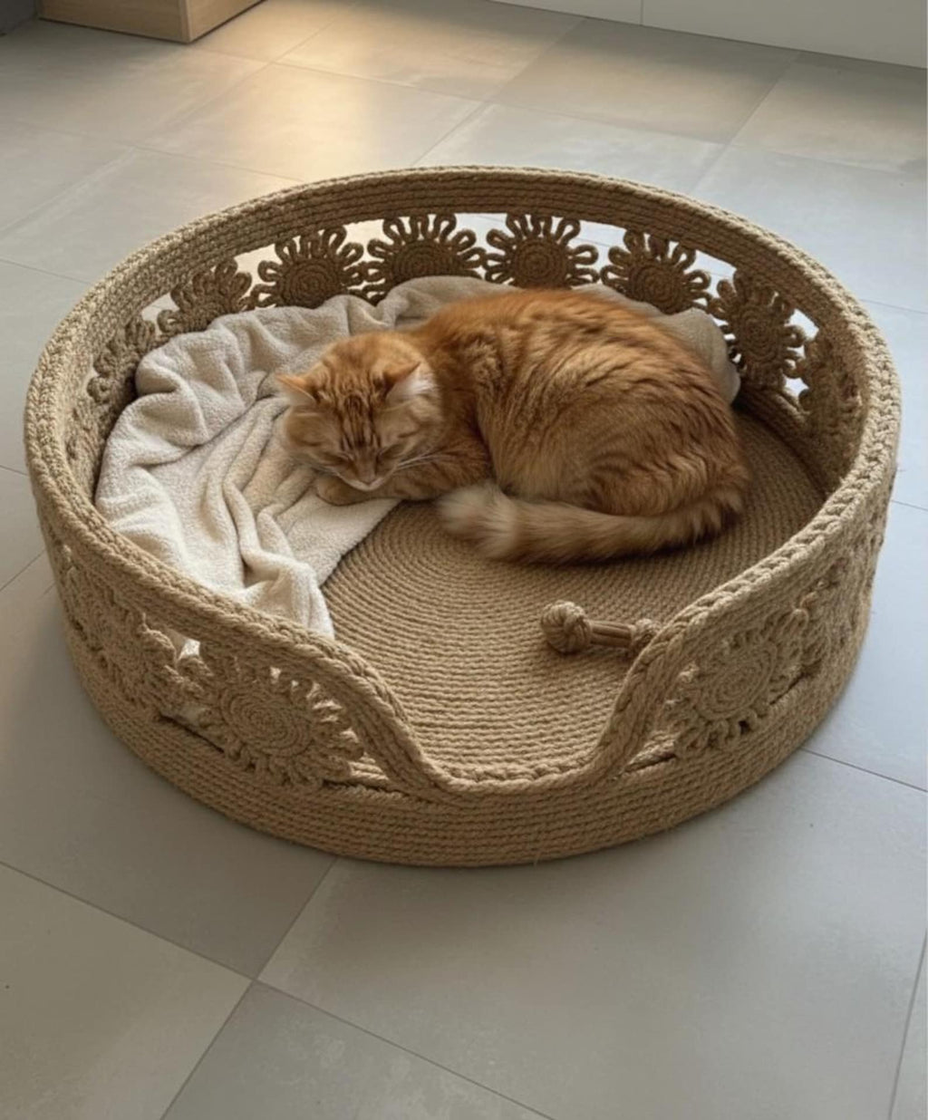 FluffyLoft™ Luxury Macrame Jute Pet Bed - Handmade Boho Flower Nest for Cats & Small Dogs