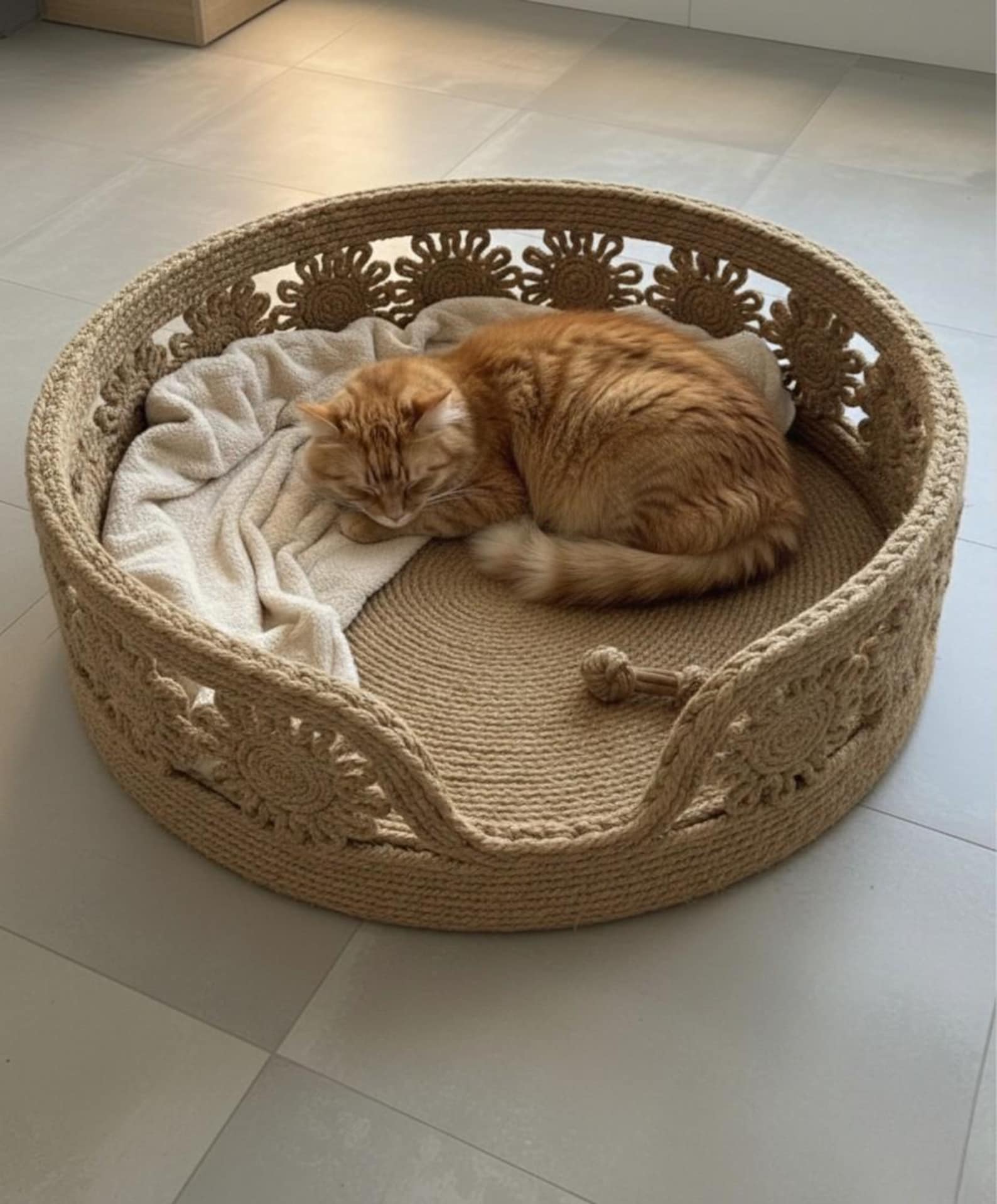 FluffyLoft™ Luxury Macrame Jute Pet Bed - Handmade Boho Flower Nest for Cats & Small Dogs